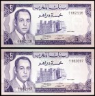 1970 / AH 1390. Marruecos. Banco de Marruecos. 5 dirhams (Pick 56a). Rey Hassan II. 2 billetes. S/C.
