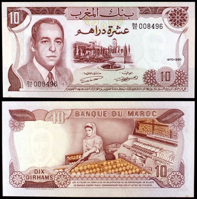 1970 / AH 1390. Marruecos. Banco de Marruecos. 10 dirhams. (Pick 57a). Rey Hassa...