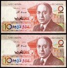 1987 / AH 1407. Marruecos. Banco Al-Maghrib. 10 dirhams. (Pick 60b). Rey Hassan II. 2 billetes. S/C.