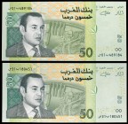 2002 / AH 1423. Marruecos. Banco Al-Maghrib. 50 dirhams. (Pich 69a). Mohammed VI. 2 billetes. S/C.