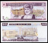 1995 / AH 1416. Omán. Banco Central. 50 rials. (Pick 38). Sultán Qaboos bin Sa'id. Ministerio de Economía y Finanzas. Raro. S/C.
