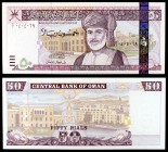 2000 / AH 1420. Omán. Banco Central. 50 rials. (Pick 42). Sultán Qaboos bin Sa'id - Ministerio de Economía y Finanzas. Raro. S/C.