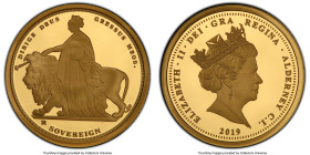 British Dependency. Elizabeth II gold Proof "Una and the Lion" Sovereign 2019 PR69 Deep Cameo PCGS, Commonwealth mint, KM302. Mintage: 2,019. This ico...