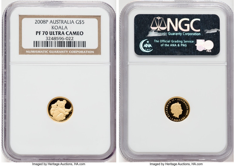 Elizabeth II gold Proof "Koala" 5 Dollars 2008-P (1/25 oz) PR70 Ultra Cameo NGC,...