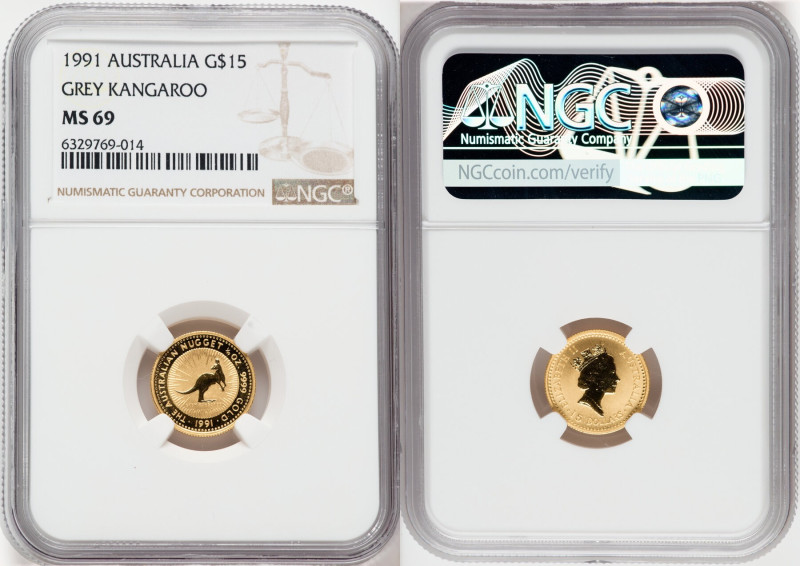 Elizabeth II gold "Grey Kangaroo" 15 Dollars (1/10 oz) 1991 MS69 NGC, KM141. 

H...