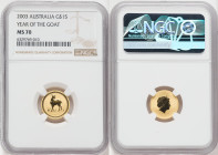 Elizabeth II gold "Year of the Goat" 15 Dollars (1/10 oz) 2003 MS70 NGC, KM711. Lunar series. 

HID09801242017

© 2022 Heritage Auctions | All Rights ...