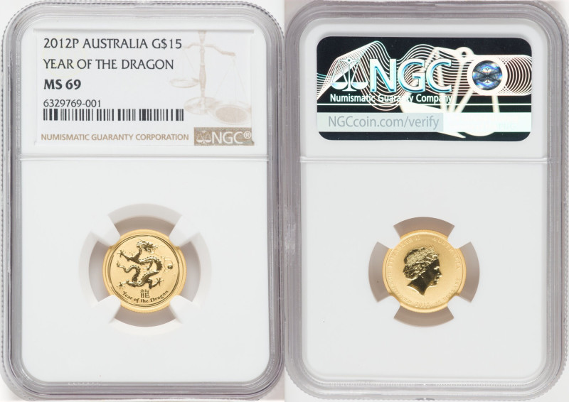 Elizabeth II gold "Year of the Dragon" 15 Dollars (1/10 oz) 2012-P MS69 NGC, Per...