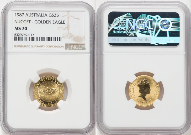 Elizabeth II gold "Nugget - Golden Eagle" 25 Dollars (1/4 oz) 1987 MS70 NGC, KM9...