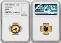 Elizabeth II gold "Kangaroo" 25 Dollars (1/4 oz) 2000 MS70 NGC, KM466. 

HID09801242017

© 2022 Heritage Auctions | All Rights Reserved