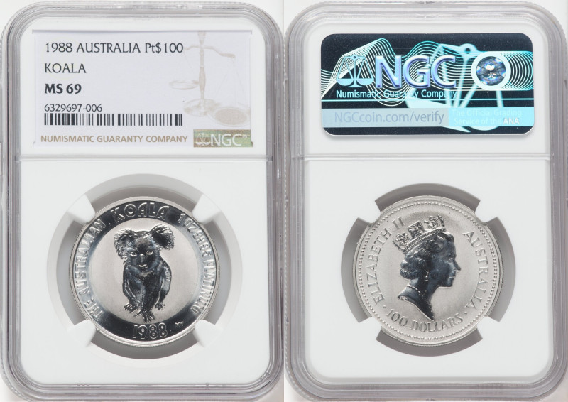 Elizabeth II platinum "Koala" 100 Dollars (1 oz) 1988 MS69 NGC, Perth mint, KM11...