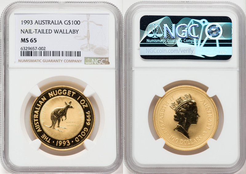 Elizabeth II gold "Nail-Tailed Wallaby" 100 Dollars (1 oz) 1993 MS65 NGC, KM393....