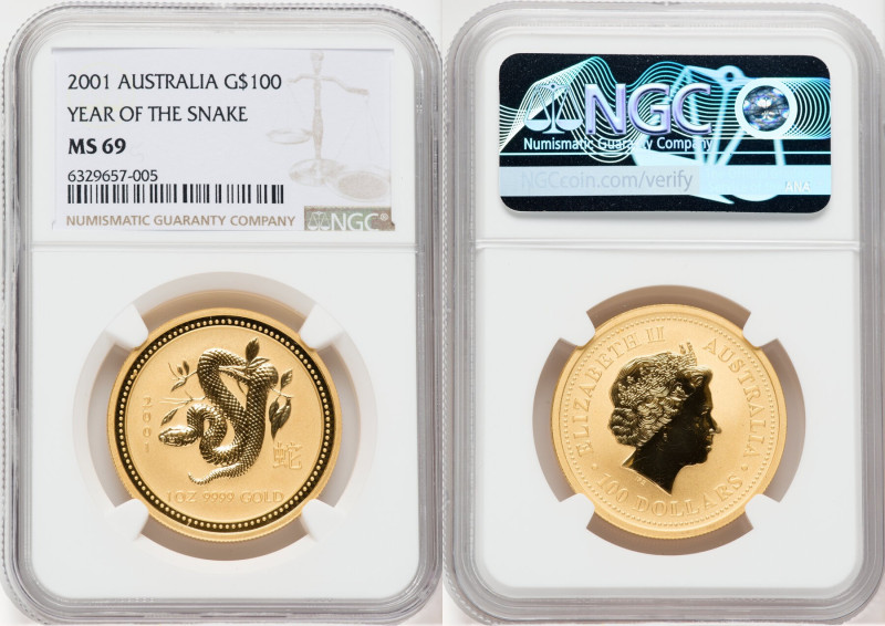 Elizabeth II gold "Year of the Snake" 100 Dollars (1 oz) 2001 MS69 NGC, Perth mi...