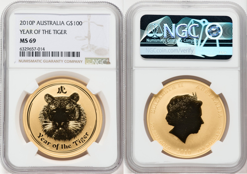 Elizabeth II gold "Year of the Tiger" 100 Dollars (1 oz) 2010-P MS69 NGC, Perth ...