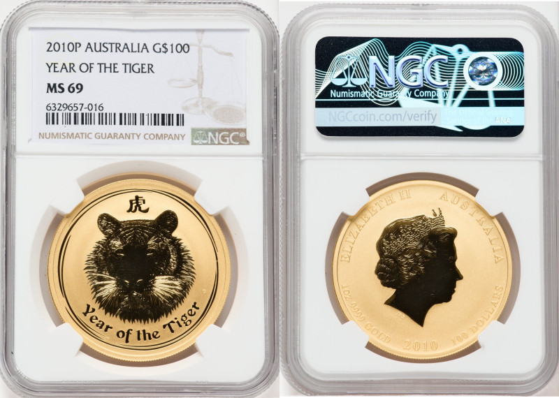 Elizabeth II gold "Year of the Tiger" 100 Dollars (1 oz) 2010-P MS69 NGC, Perth ...