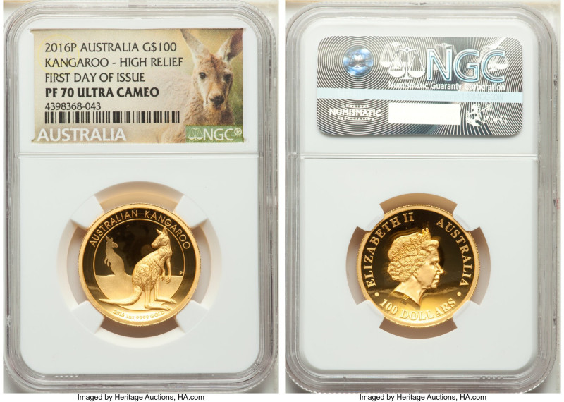 Elizabeth II gold Proof "Kangaroo - High Relief" $100 (1 oz) 2016-P PR70 Ultra C...