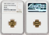 Republic gold "Vienna Philharmonic" 200 Schilling (1/10 oz) 2000 MS69 NGC, KM3004. 

HID09801242017

© 2022 Heritage Auctions | All Rights Reserved