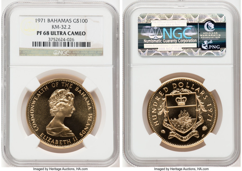 Elizabeth II gold Proof 100 Dollars 1971 PR68 Ultra Cameo NGC, KM32.2. Hallmark ...