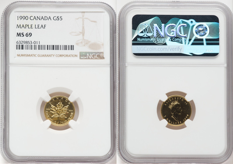 Elizabeth II gold "Maple Leaf" 5 Dollars 1990 MS69 NGC, KM188. 

HID09801242017
...