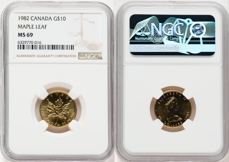 Elizabeth II gold "Maple Leaf" 10 Dollars 1982 MS69 NGC, KM136. 

HID09801242017...