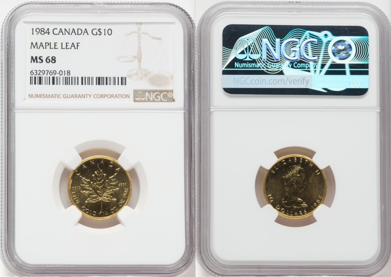 Elizabeth II gold "Maple Leaf" 10 Dollars 1984 MS68 NGC, KM136. 

HID09801242017...