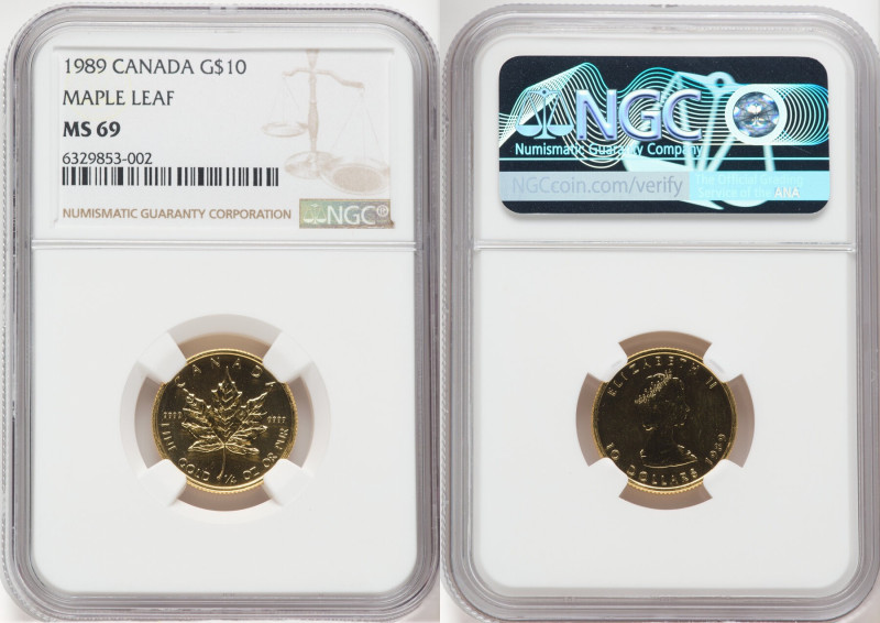 Elizabeth II gold "Maple Leaf" 10 Dollars 1989 MS69 NGC, KM136. 

HID09801242017...