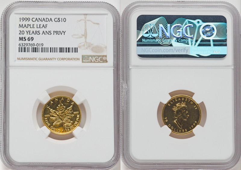 Elizabeth II gold "Maple Leaf" 10 Dollars 1999 MS69 NGC, KM189. 20 Years Anniver...
