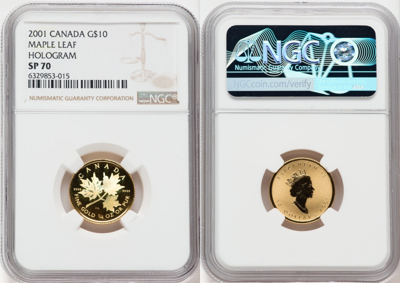 Elizabeth II gold Hologram Specimen "Maple Leaf" 10 Dollars 2001 SP70 NGC, KM440...