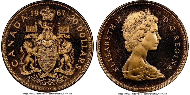 Elizabeth II gold Specimen 20 Dollars 1967 SP68 Ultra Cameo NGC, KM71. 

HID0980...