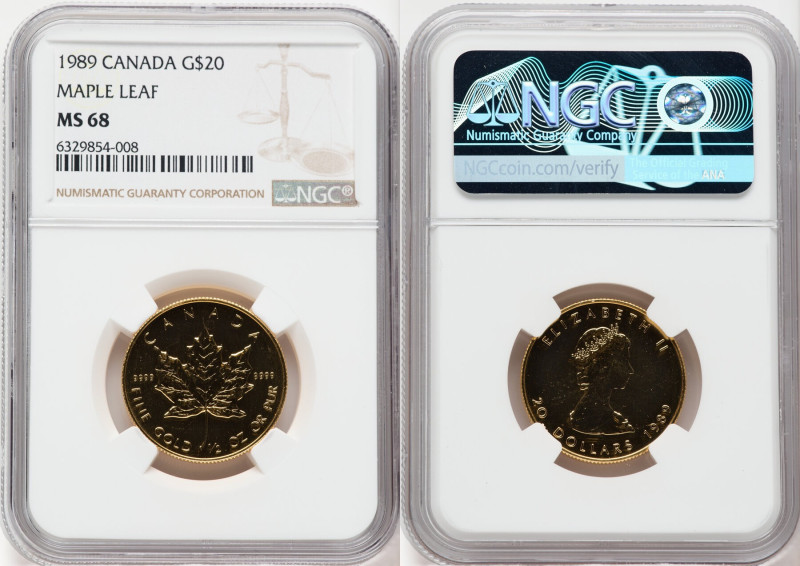 Elizabeth II gold "Maple Leaf" 20 Dollars 1989 MS68 NGC, KM153. 

HID09801242017...