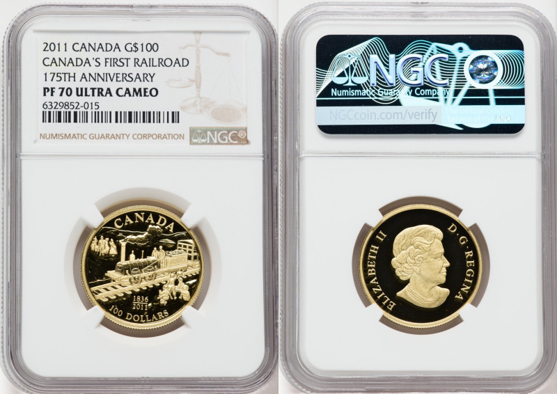 Elizabeth II gold Proof "Canada's First Railroad - 175th Anniversary" 100 Dollar...