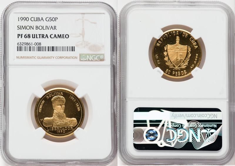 Republic gold Proof "Simon Bolivar" 50 Pesos 1990 PR68 Ultra Cameo NGC, KM281. 
...