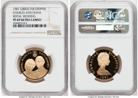 British Colony. Elizabeth II gold Proof "Charles and Diana Royal Wedding" 50 Pounds 1981 PR69 Ultra Cameo NGC, KM15. A virtually flawless coin, with i...