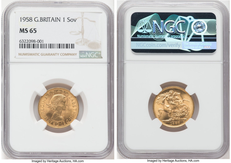 Elizabeth II gold Sovereign 1958 MS65 NGC, KM908. A stunning example with origin...