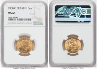 Elizabeth II gold Sovereign 1958 MS65 NGC, KM908. A stunning example with original color and highly impressive luster. Sharply struck. 

HID0980124201...