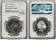 Elizabeth II silver Proof "Mahatma Gandhi" 2 Pounds 2021 PR69 Ultra Cameo NGC, KM-Unl., S-NB12. Limited Edition Presentation: 2,500. Reverse design by...