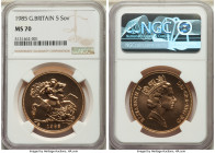 Elizabeth II gold 5 Pounds 1985 MS70 NGC, KM945. A pristine, flawless coin, very scarce in this high technical grade. Sold with original case of issue...