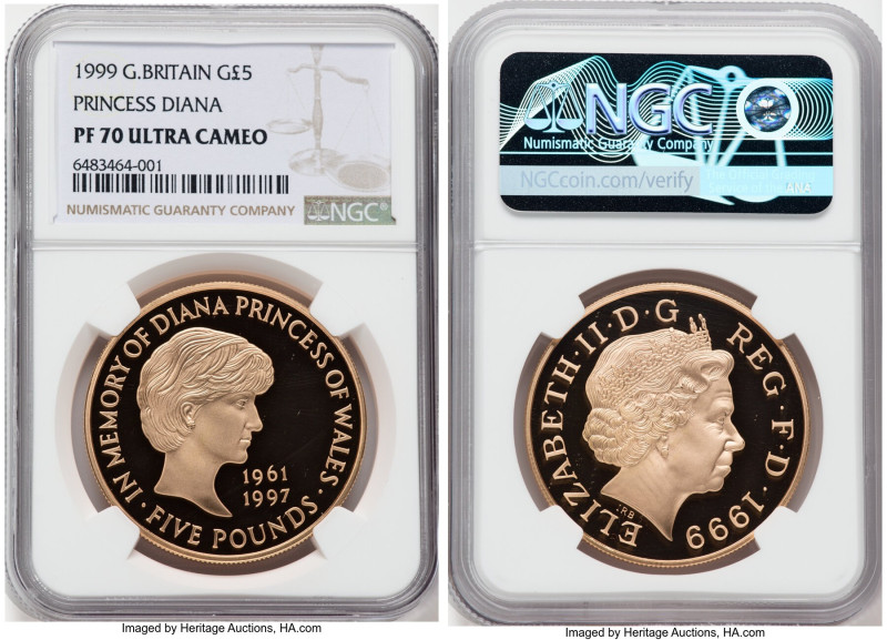 Elizabeth II gold Proof "Princess Diana" 5 Pounds 1999 PR70 Ultra Cameo NGC, KM9...