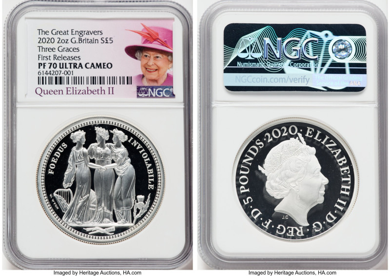 Elizabeth II silver Proof "Three Graces" 5 Pounds (2 oz) 2020 PR70 Ultra Cameo N...