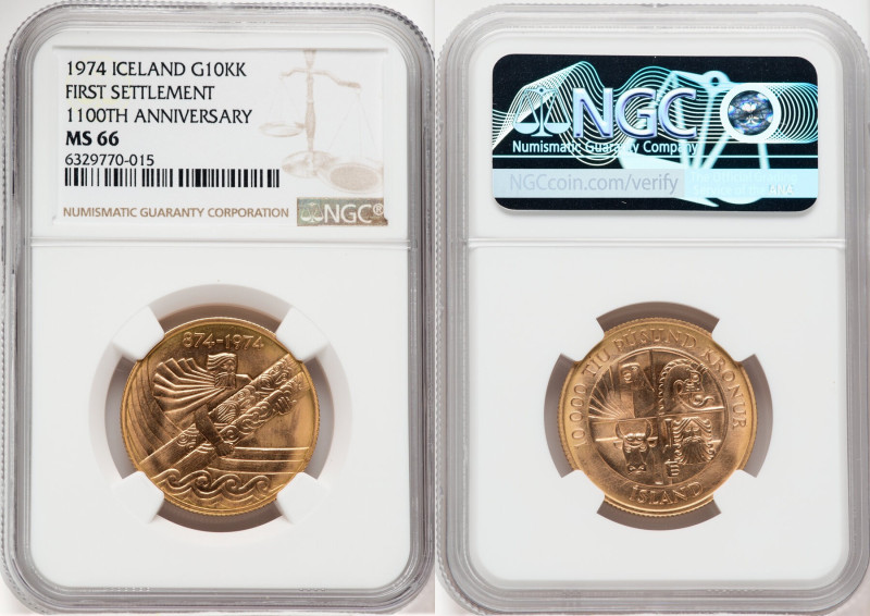 Republic gold "First Settlement - 1100th Anniversary" 10000 Kronur 1974 MS66 NGC...