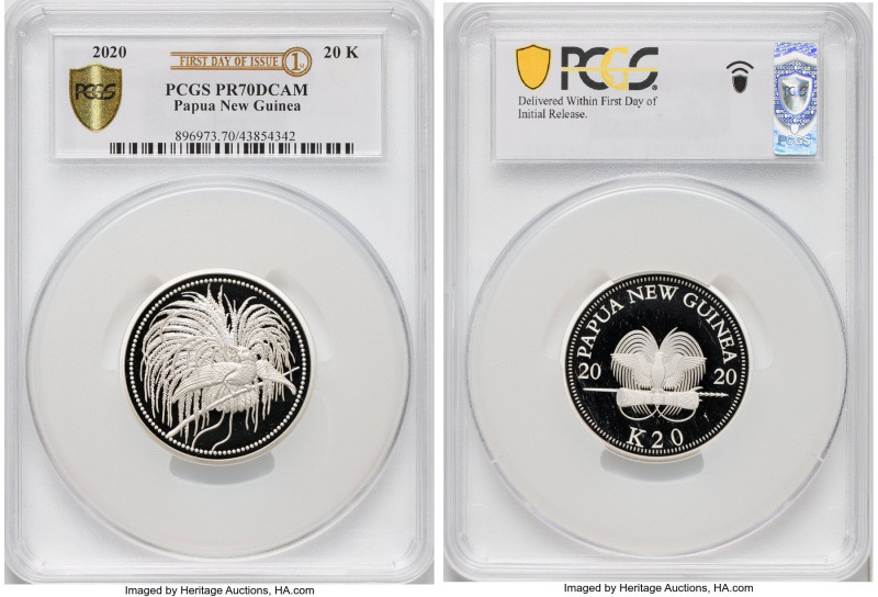 Republic silver Proof "Bird of Paradise" 20 Kina 2020 PR70 Deep Cameo PCGS, KM-U...