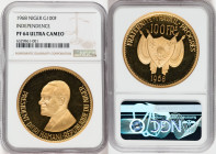 Republic gold Proof "Independence" 100 Francs 1968 PR64 Ultra Cameo NGC, KM11. Mintage: 1,000. AGW 0.9259 oz. 

HID09801242017

© 2022 Heritage Auctio...