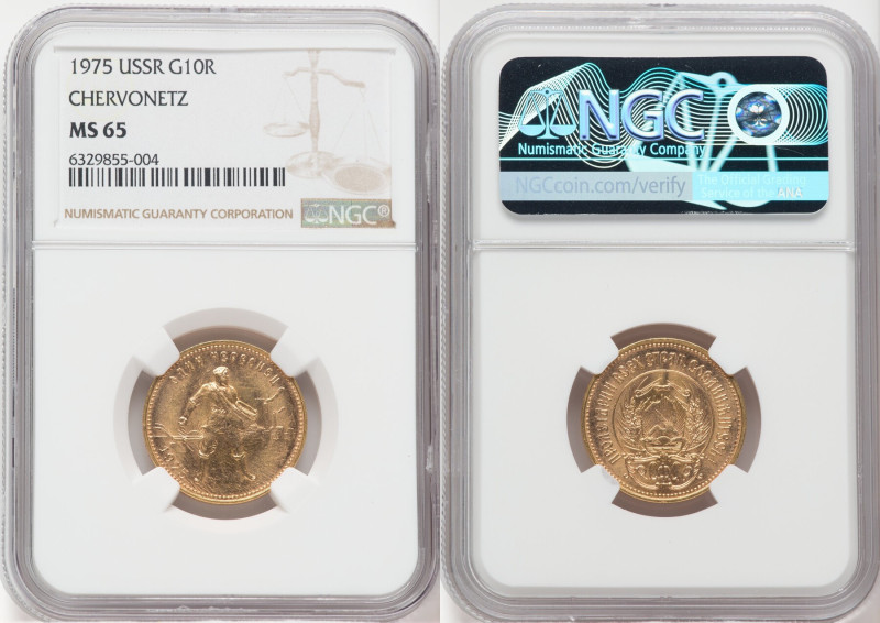 USSR gold Chervonetz (10 Roubles) 1975-(m) MS65 NGC, Moscow mint, KM-Y85. 

HID0...