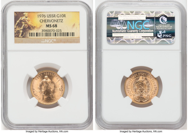 USSR gold Chervonetz (10 Roubles) 1976-(m) MS68 NGC, Moscow mint, KM-Y85. 

HID0...