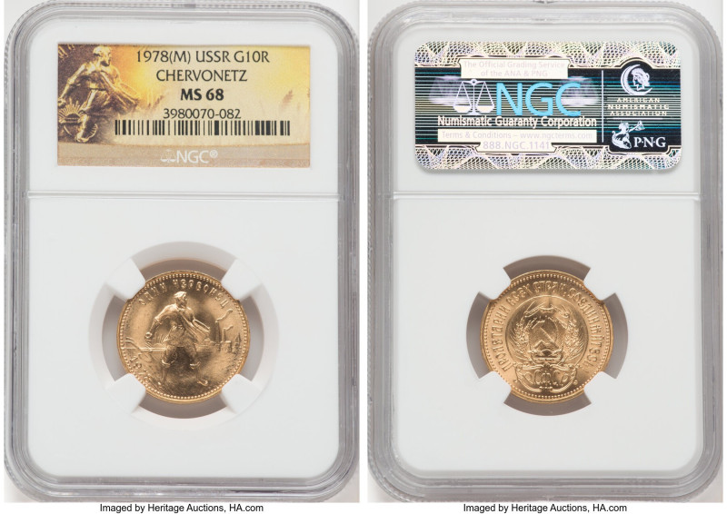 USSR gold Chervonetz (10 Roubles) 1978-(m) MS68 NGC, Moscow mint, KM-Y85. 

HID0...