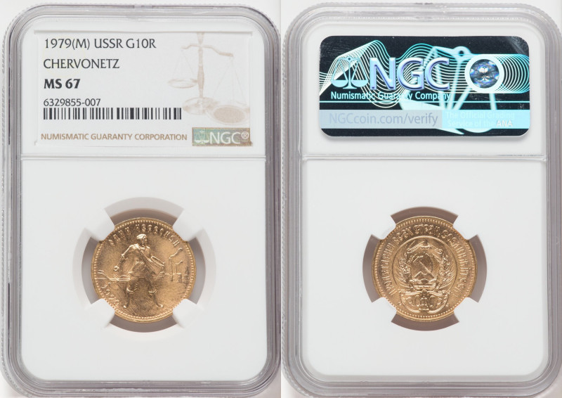 USSR gold Chervonetz (10 Roubles) 1979-(m) MS67 NGC, Moscow mint, KM-Y85. 

HID0...