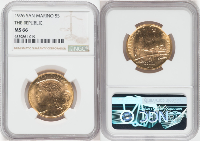 Republic gold 5 Scudi 1976 MS66 NGC, KM62. Mintage: 8,000. Republic Commemorativ...