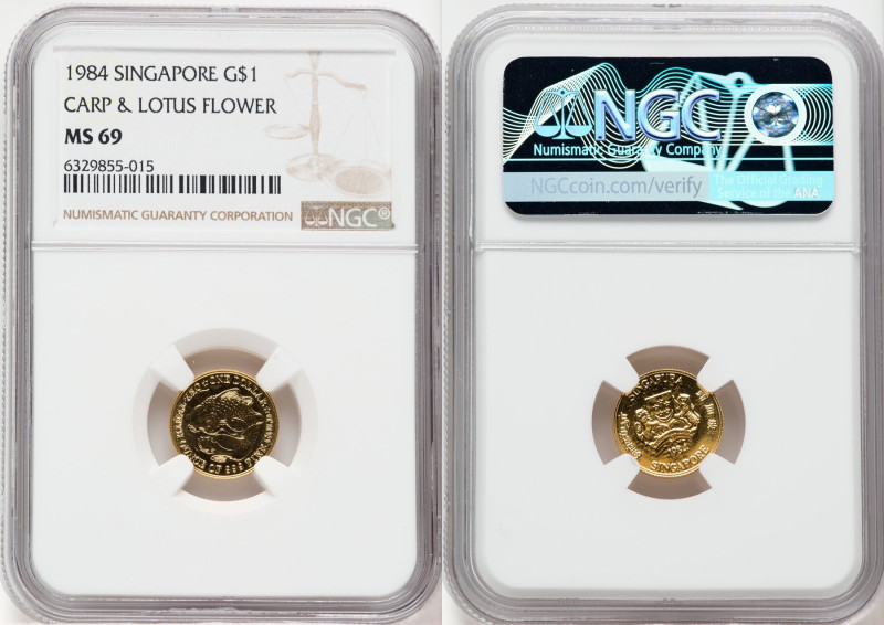 Republic gold "Carp & Lotus Flower" Dollar (1/10 oz) 1984 MS69 NGC, Singapore mi...