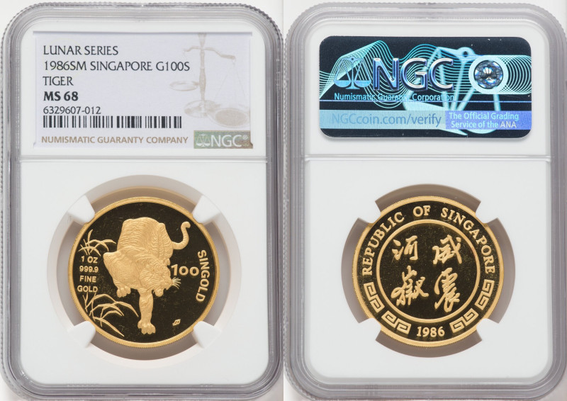 Republic gold "Year of the Tiger" 100 Singold (1 oz) 1986-SM MS68 NGC, Singapore...