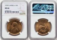 Republic gold Krugerrand (1 oz) 1974 MS66 NGC, KM73. Sharply struck with slightly darkening toning, and small light scratches predominantly on the obv...