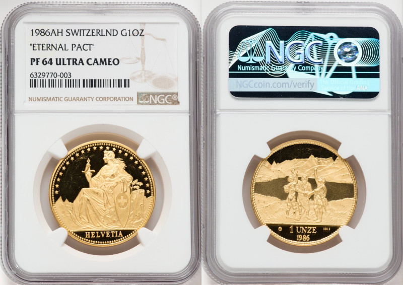 Confederation gold Proof "Rutli Eternal Pact" Unze 1986-AH PR64 Ultra Cameo NGC,...